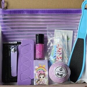 Purple Pedicure Self Care Gift Set Mixed Beauty Bundle Nail Tools Bath Bomb